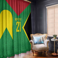 Green and red custom window curtains with yellow/gold emblem and bold geometric design.