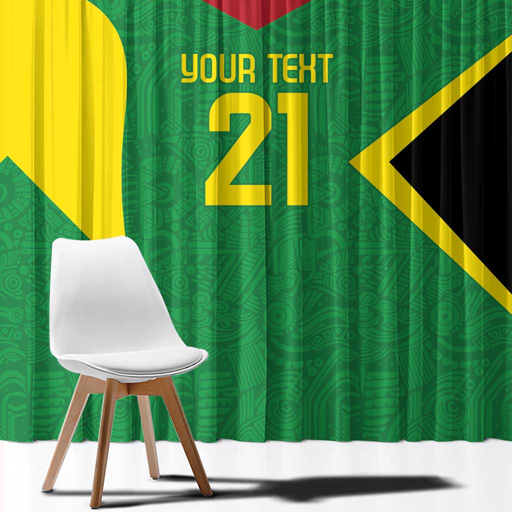 Green window curtain with yellow/gold number print and bold chevron shapes, custom design.