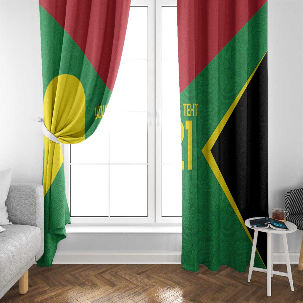 Green window curtains with red top sections and yellow/gold diagonal chevrons, custom print.