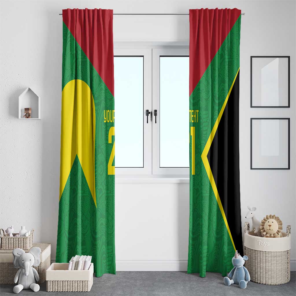 Pair of green and red window curtains with yellow/gold geometric pattern and custom text area.