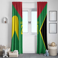 Pair of green and red window curtains with yellow/gold geometric pattern and custom text area.