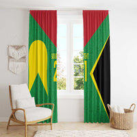 Green custom window curtains with red header, yellow/gold circle and chevron accents.