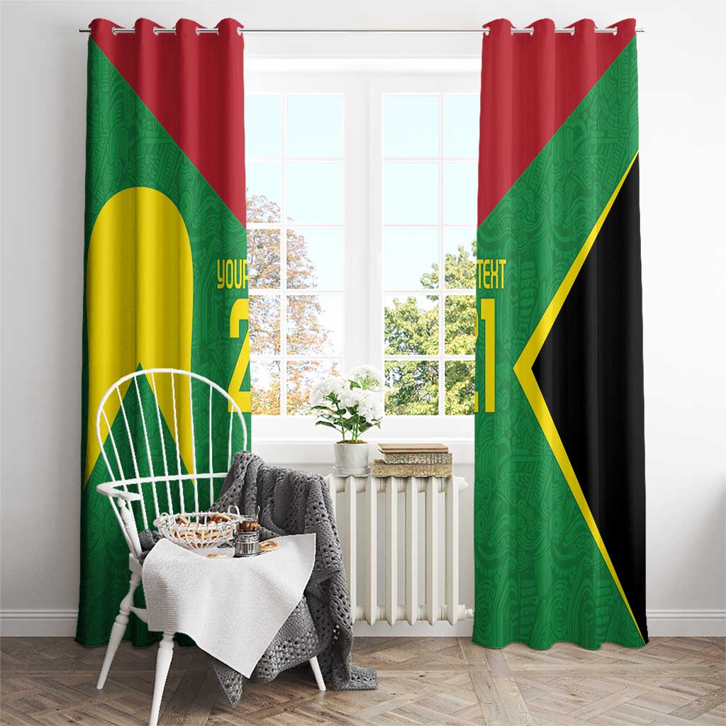 Hanging green and red window curtains with yellow/gold geometric artwork and top ring hardware.