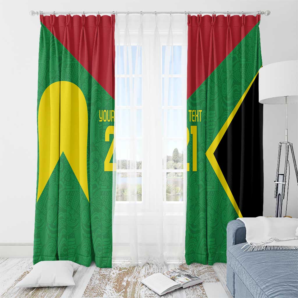 Green window curtains with red panels and yellow/gold chevrons, custom printed design.