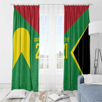 Green window curtains with red panels and yellow/gold chevrons, custom printed design.