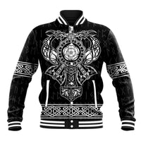 Black baseball jacket with bold white Viking-style emblem and striped ribbed trim