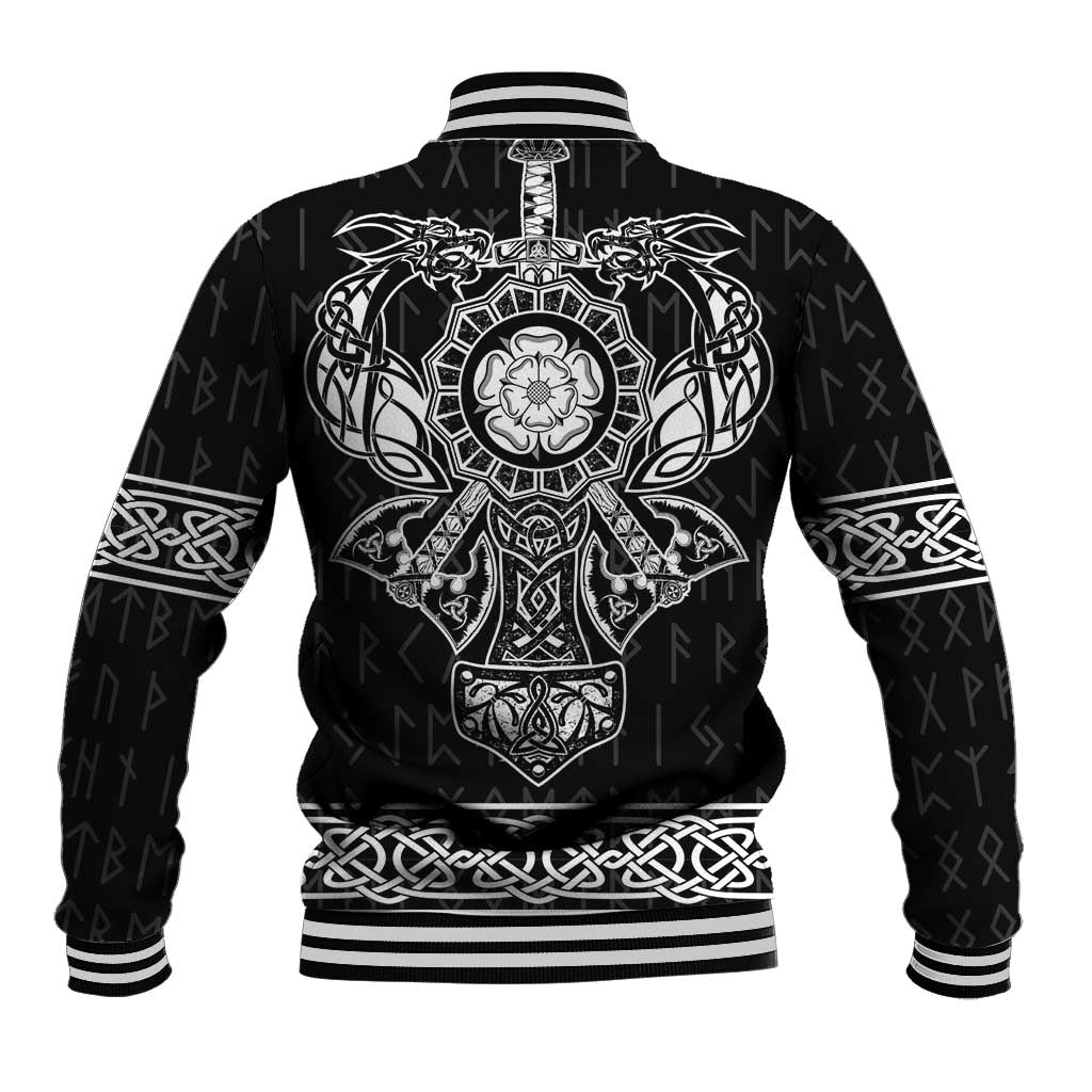 Black baseball jacket back with large white Viking emblem and striped ribbed collar