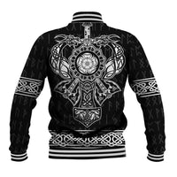 Black baseball jacket back with large white Viking emblem and striped ribbed collar