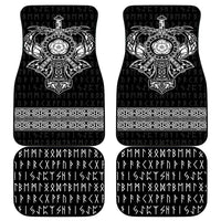 Four black car floor mats set with white Viking emblem, rune pattern, and border