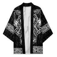 Black kimono with open front and wide sleeves, white Viking-style graphic panels.