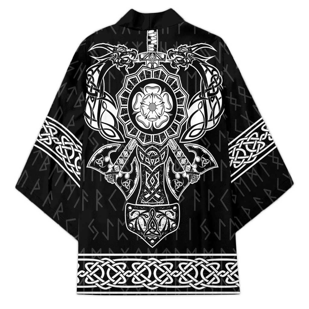 Black kimono with open front, central emblem and ornate white knot and rune patterns.