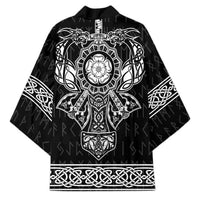 Black kimono with open front, central emblem and ornate white knot and rune patterns.