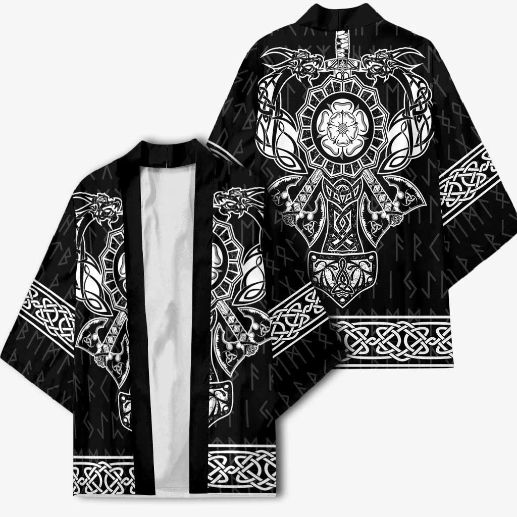 Black kimono shown front and back; white emblem, runes, and knot border details.