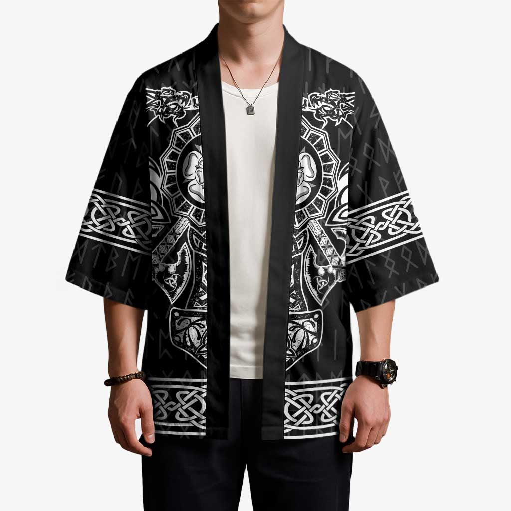 Black kimono with open front, white graphic sleeves and knot trim; worn on model.