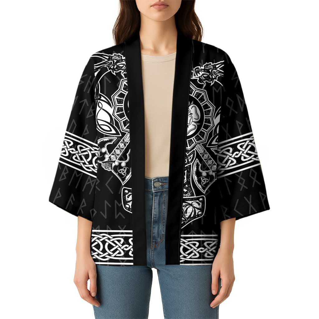 Black kimono with open front and wide sleeves, white Viking graphics and knot trim.