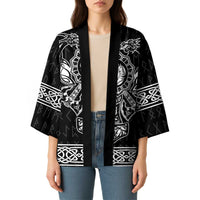 Black kimono with open front and wide sleeves, white Viking graphics and knot trim.