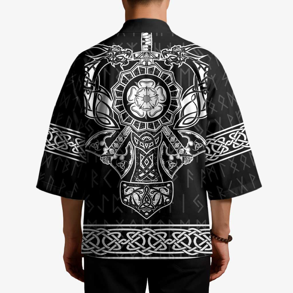 Black kimono back view with central lion emblem, white runes and knot hem border.