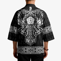 Black kimono back view with central lion emblem, white runes and knot hem border.