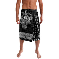 Black knee-length graphic shorts with Viking-style emblem and border print