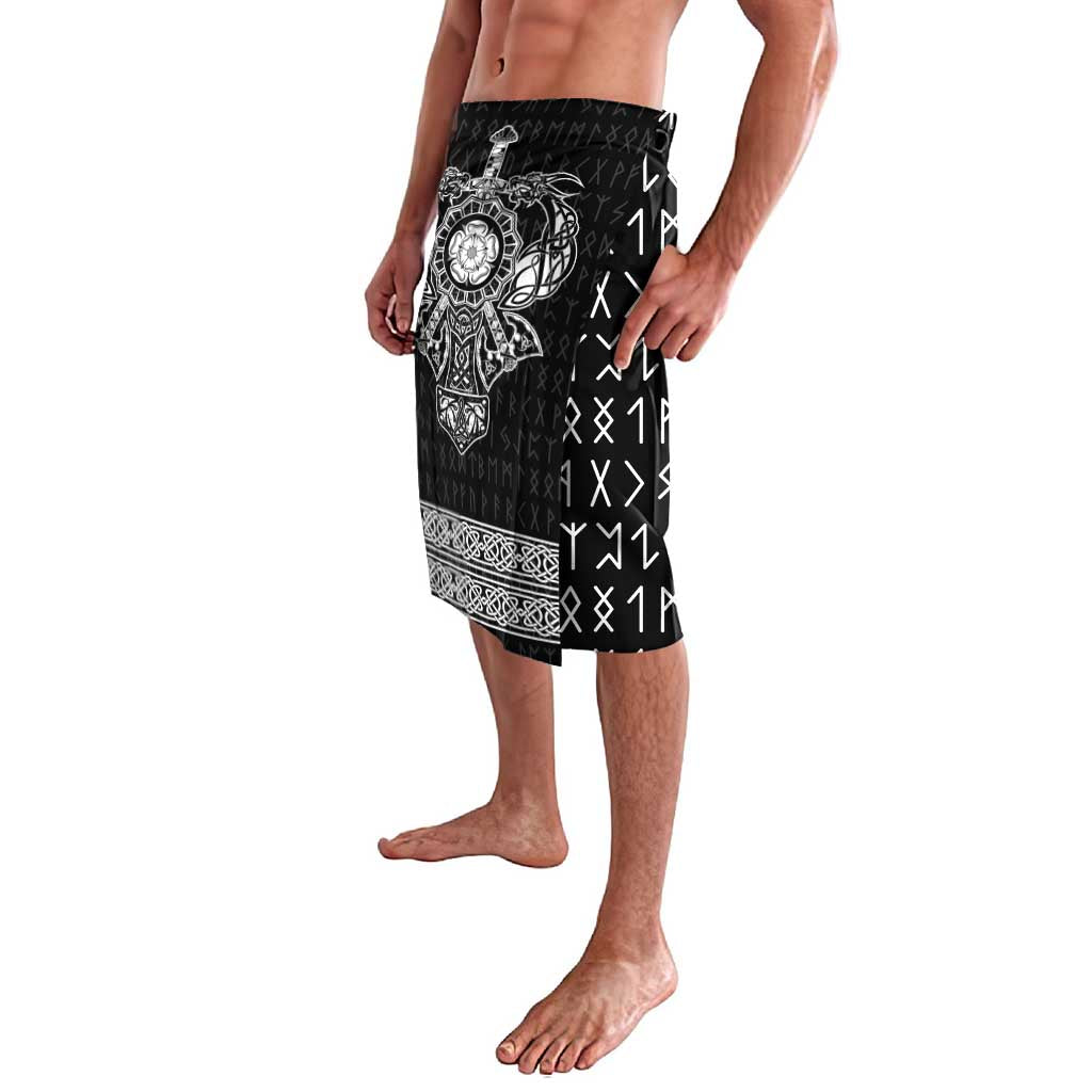 Black knee-length graphic shorts with white Viking emblem panel, side view