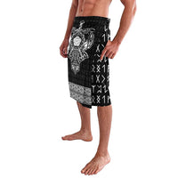 Black knee-length graphic shorts with white Viking emblem panel, side view