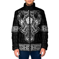 Black hooded padded jacket with centered Viking graphic panel and full zipper
