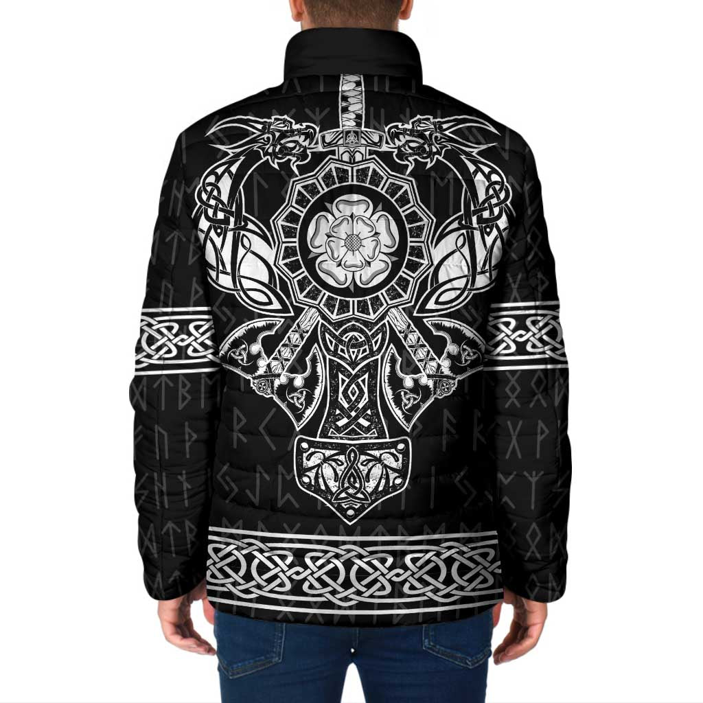 Black padded jacket with back Viking emblem and long graphic motifs
