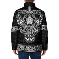 Black padded jacket with back Viking emblem and long graphic motifs
