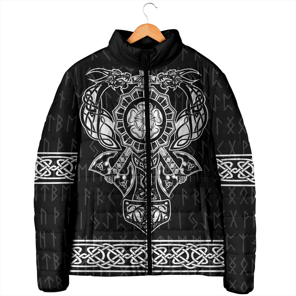Black padded jacket on hanger, featuring front Viking crest and zip-up hood