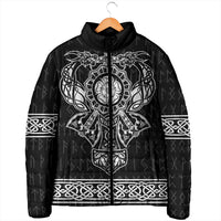 Black padded jacket on hanger, featuring front Viking crest and zip-up hood