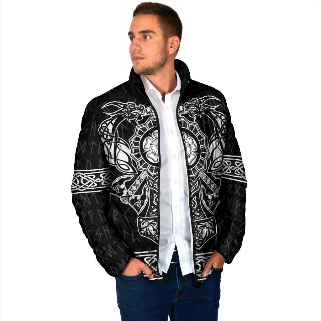 Black padded jacket with white Viking-style graphic print and full zip front