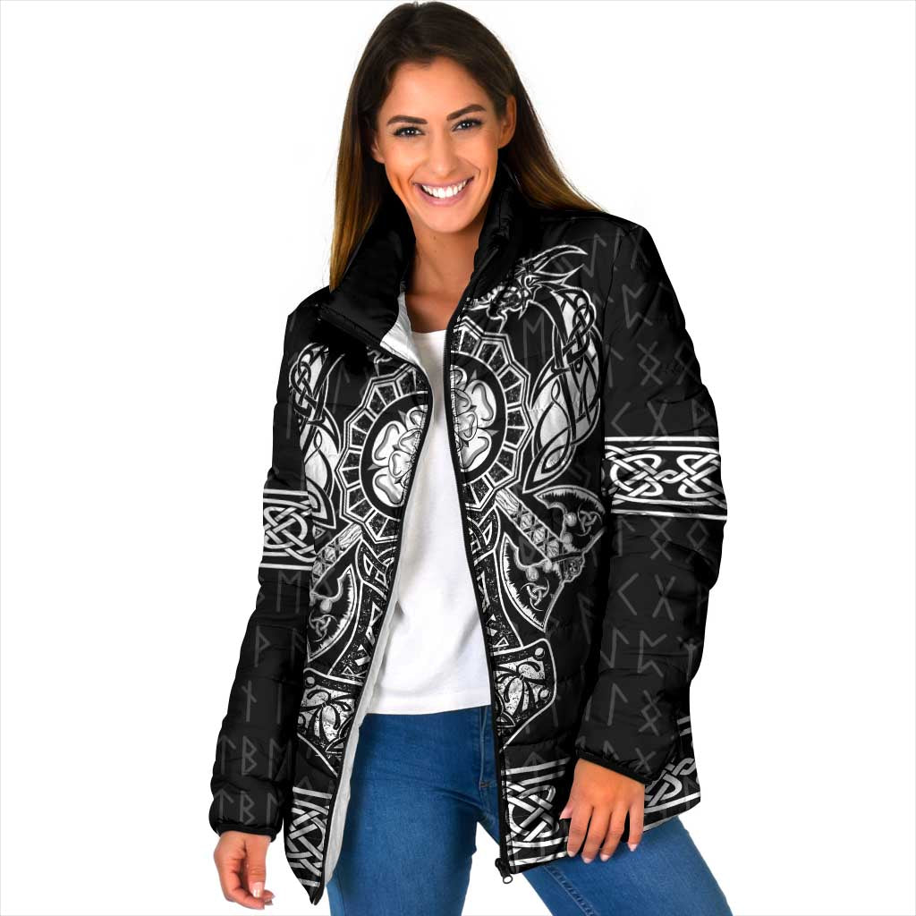 Black padded jacket with white Viking graphic accents and zip-front on model