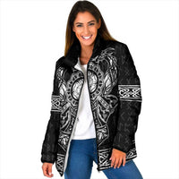 Black padded jacket with white Viking graphic accents and zip-front on model