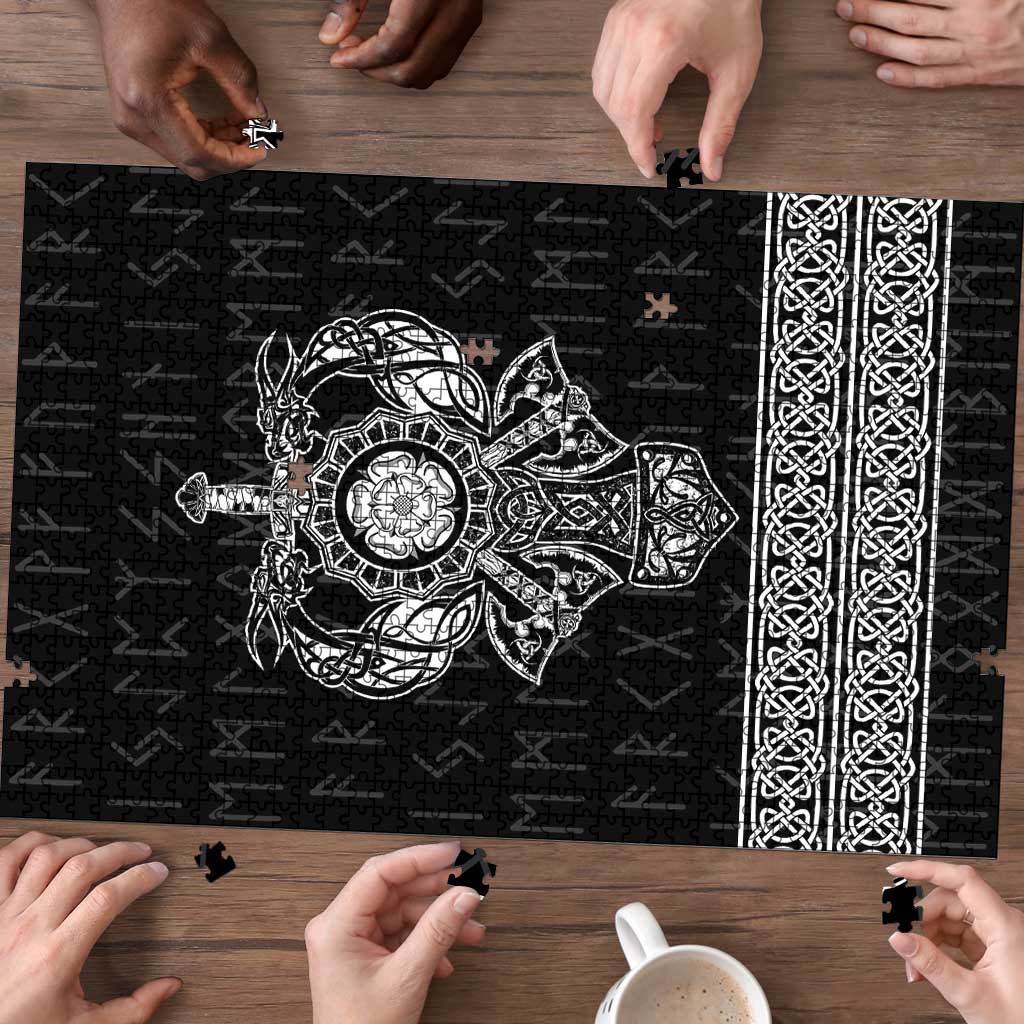 Black jigsaw puzzle with Viking emblem and patterned chains strip on the right