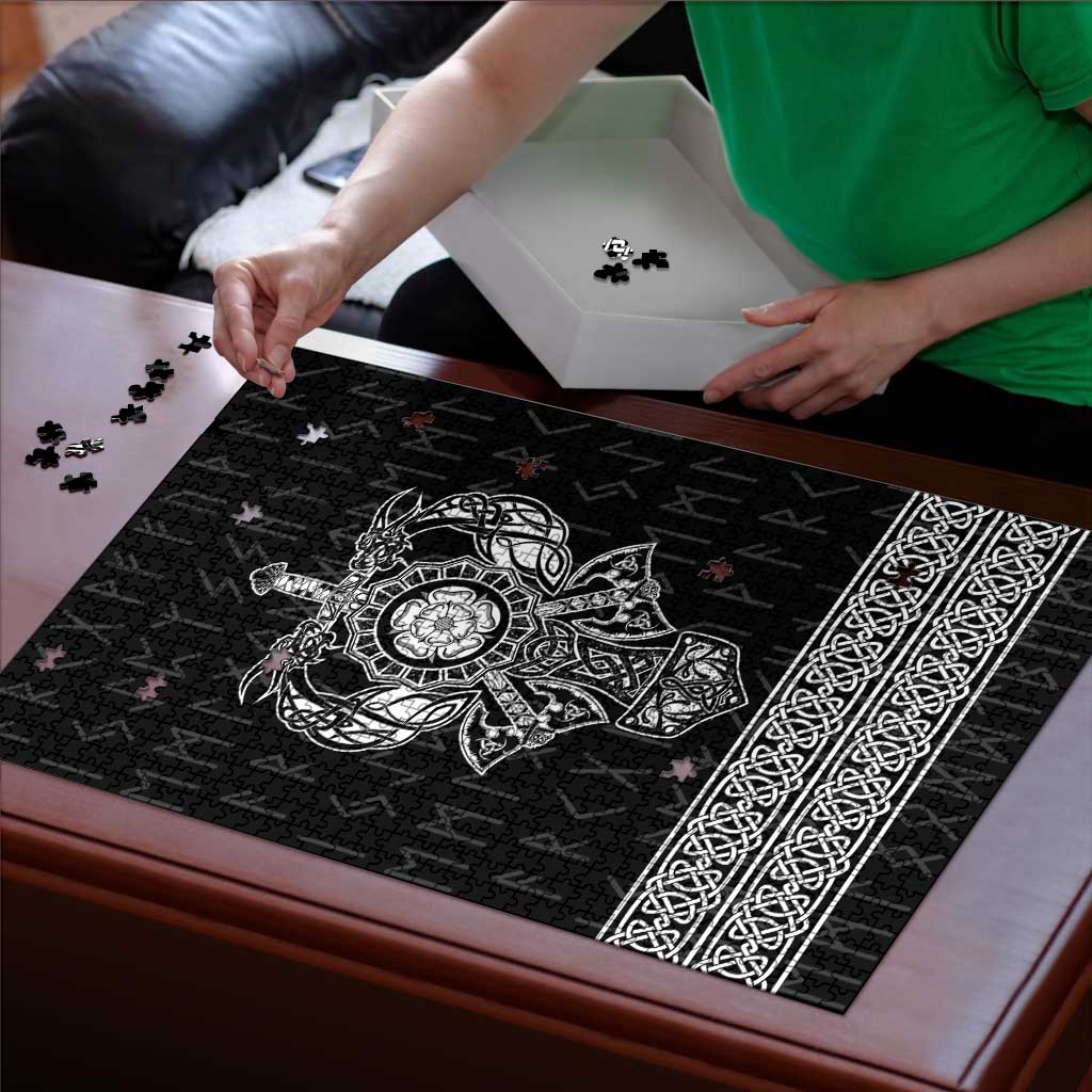 Black puzzle being assembled: Viking emblem center with patterned border strip