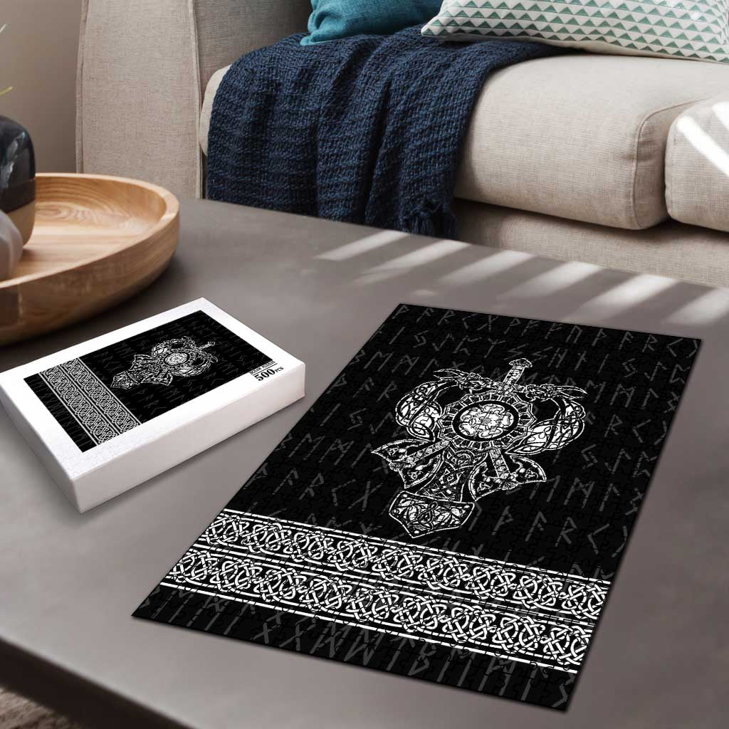 Black Spirit of Jorvik puzzle with Viking emblem and ornate patterned border