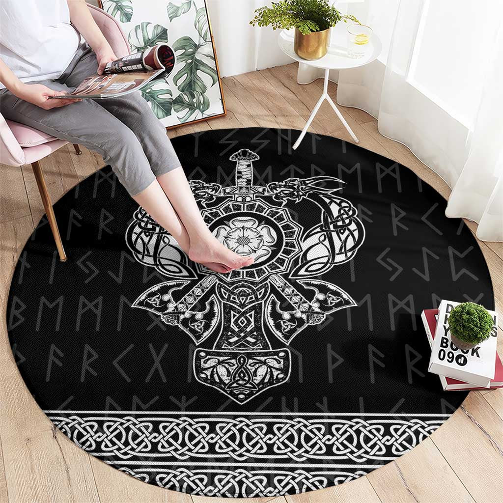 Black round Viking-themed rug with central knot cross and repeating symbol pattern