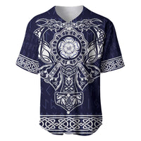 Blue baseball jersey with Viking crest front, short sleeves and crew neck