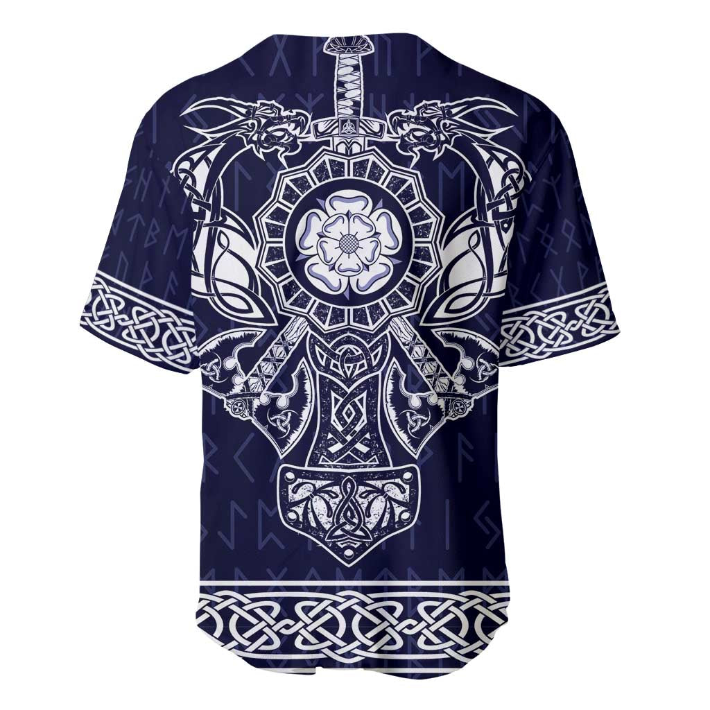 Blue baseball jersey with Viking emblem and layered graphic patterns, short sleeves