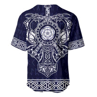 Blue baseball jersey with Viking emblem and layered graphic patterns, short sleeves