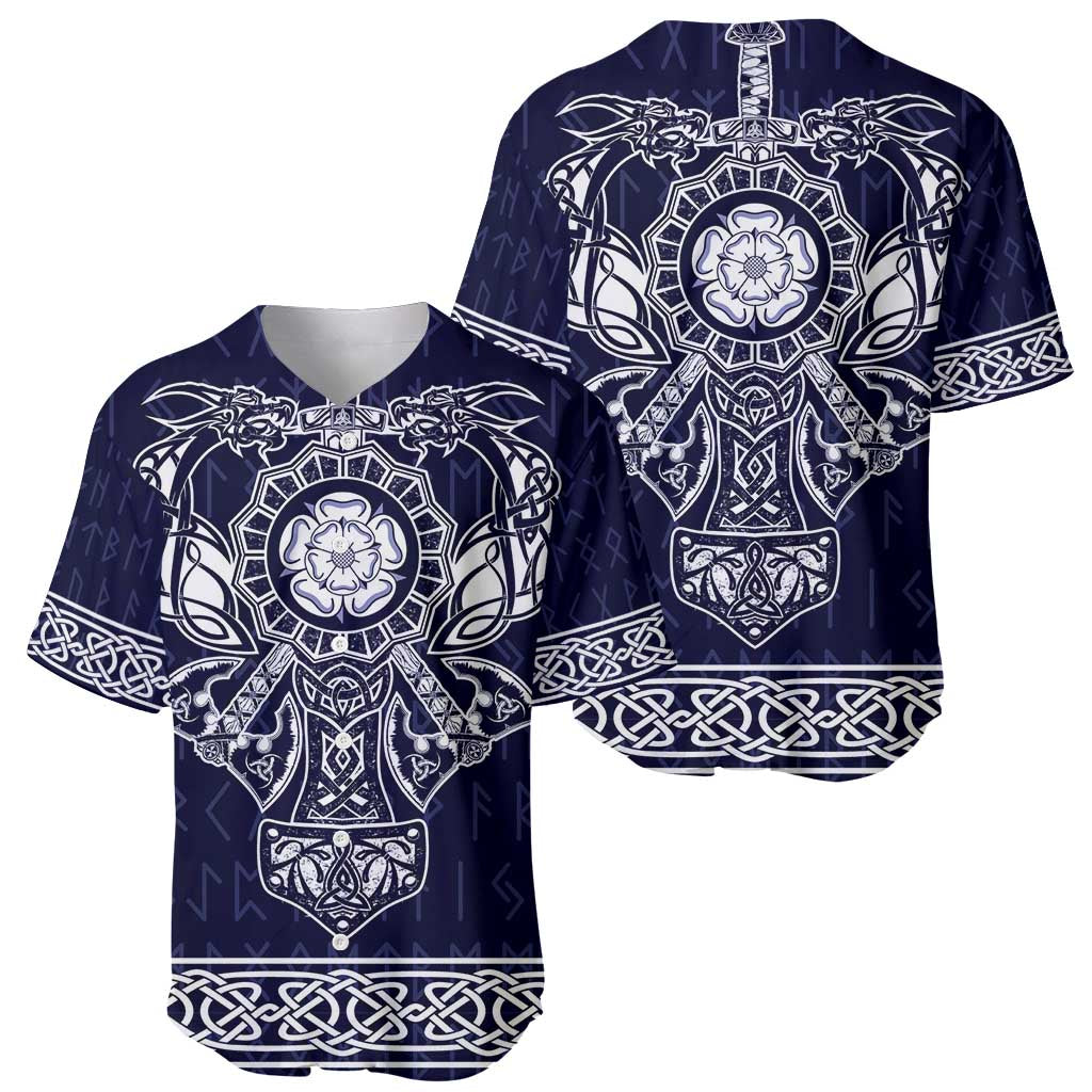 Pair of blue baseball jerseys: front and back with Viking crest and patterned sleeves