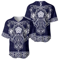Pair of blue baseball jerseys: front and back with Viking crest and patterned sleeves