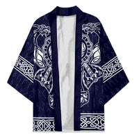 Unisex blue kimono with open front and white Viking-style knot and dragon prints
