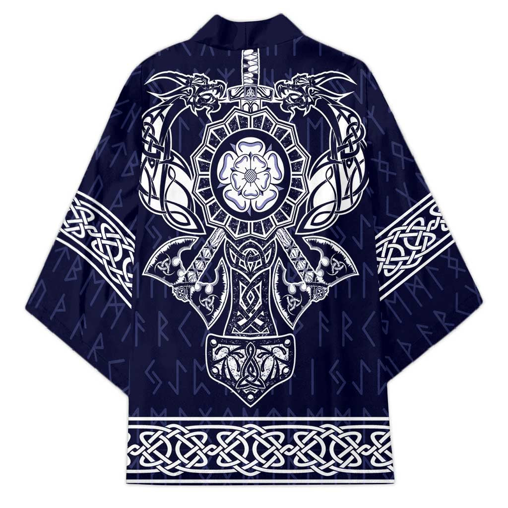 Unisex blue kimono back with central emblem, dragons, and white knot trim border
