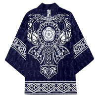 Unisex blue kimono back with central emblem, dragons, and white knot trim border