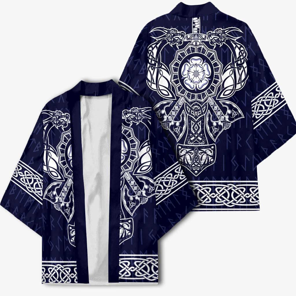 Unisex blue kimono front view with white Viking emblem, dragons, and knot borders