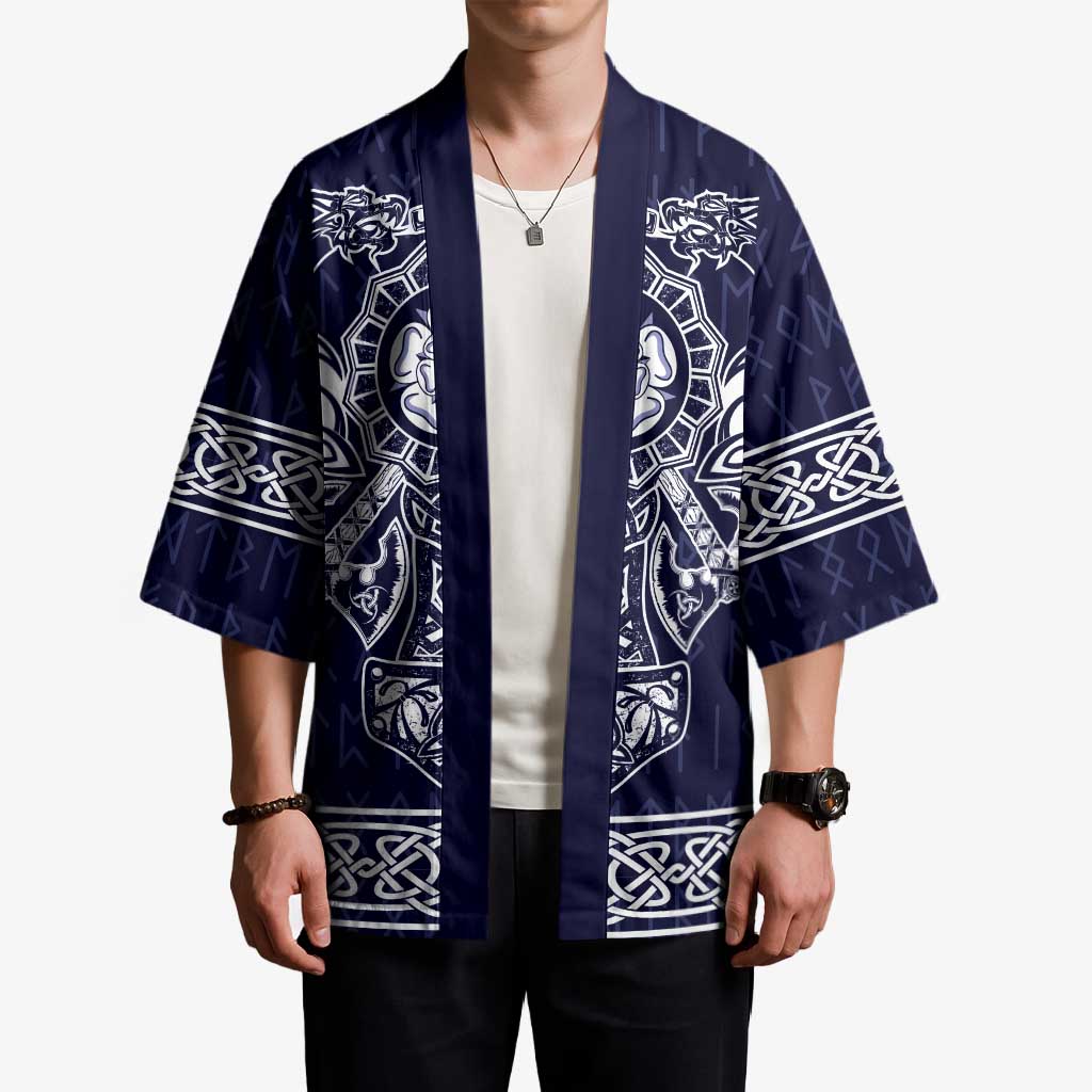 Unisex blue kimono with wide sleeves, open front, and white dragon panel prints