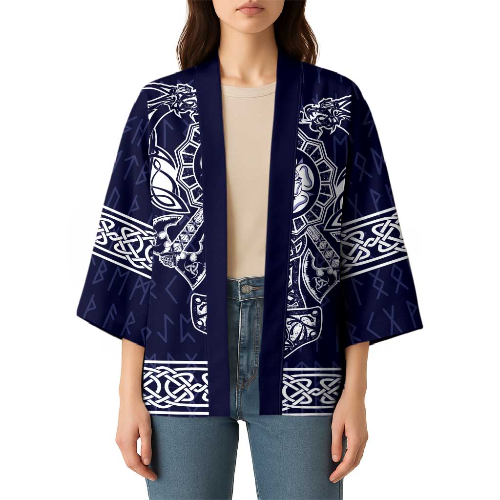 Unisex blue kimono with open front, wide sleeves, and white dragon and knot graphics