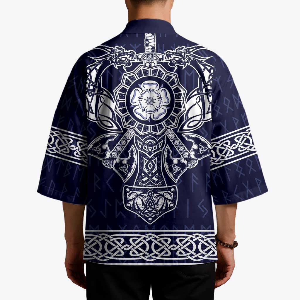 Unisex blue kimono back with large central emblem and white knot trim at hem