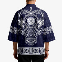 Unisex blue kimono back with large central emblem and white knot trim at hem